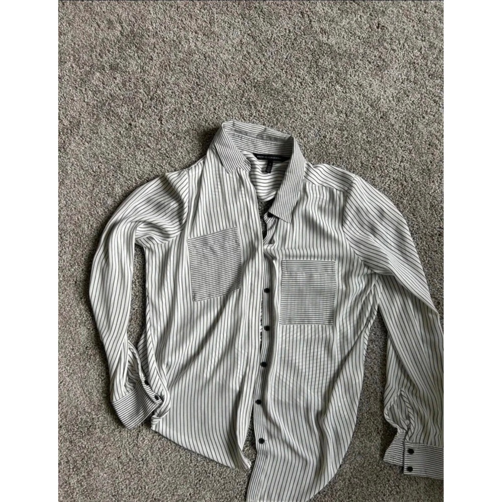 White House Black Market Striped Button Down Blouse Back Cutout White Black 8‎